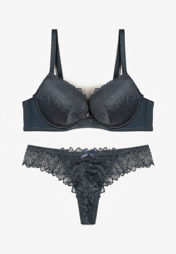 Born2be - Ciemnozielony Koronkowy Komplet Biustonosz z Push Upem i Stringami Yalira. Kolor: zielony. Materiał: koronka. Wzór: koronka
