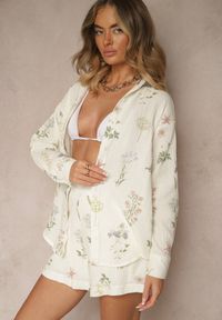 Renee - Beżowa Muślinowa Koszula z Bawełny w Kwiaty Nilarea. Okazja: na co dzień. Kolor: beżowy. Materiał: bawełna. Wzór: kwiaty. Styl: elegancki, casual
