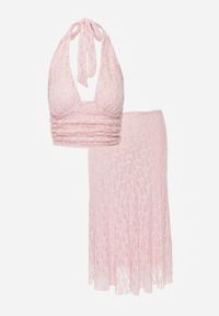 Renee - Różowy Komplet z Koronki Spódnica i Top z Wiązaniem na Szyi Dainetia. Kolor: różowy. Materiał: koronka. Wzór: koronka #2