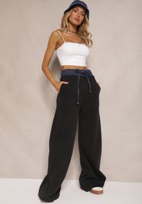 Renee - Czarne Spodnie z Bawełną o Szerokim Kroju High Waist Ozdobione Sznurkami Annoriel. Okazja: na co dzień. Stan: podwyższony. Kolor: czarny. Materiał: bawełna. Długość: krótkie. Wzór: aplikacja. Styl: casual, elegancki