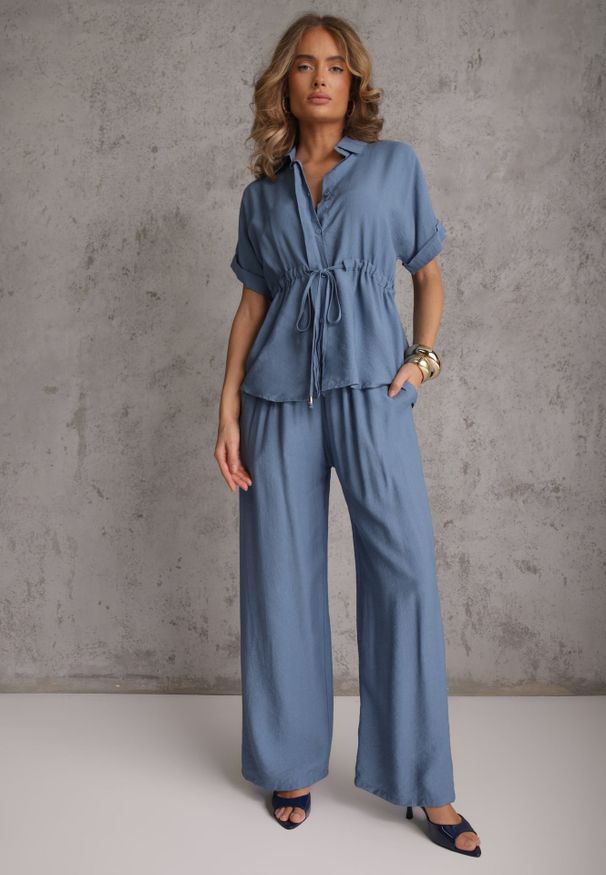 Renee - Niebieski Komplet z Wiskozy Spodnie Wide Leg i Bluzka ze Ściągaczem w Talii Daemnell. Kolor: niebieski. Materiał: wiskoza
