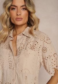 Renee - Jasnobeżowa Bawełniana Koszula z Haftowanej Tkaniny Zapinana na Guziki z Kieszeniami Tesanora. Okazja: do pracy, na co dzień. Kolor: beżowy. Materiał: tkanina, bawełna. Długość rękawa: krótki rękaw. Długość: krótkie. Wzór: haft. Styl: casual, elegancki #3