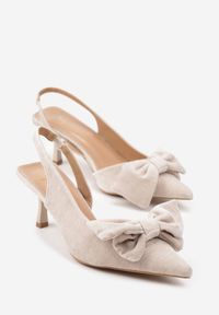 Renee - Beżowe Sandały na Szpilce Slingback z Kokardą Sunaiel. Nosek buta: otwarty. Kolor: beżowy. Sezon: lato. Obcas: na szpilce. Wysokość obcasa: średni #6