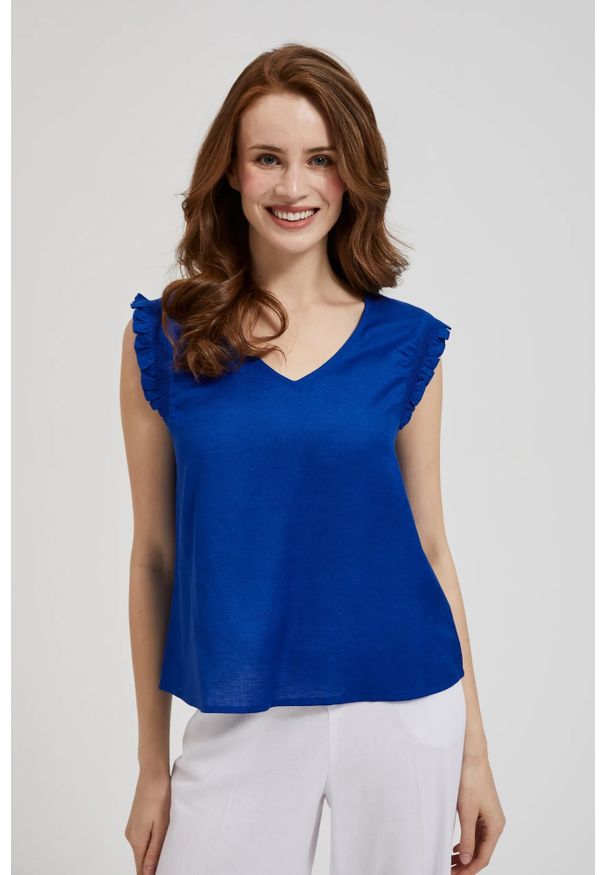 MOODO - Koszula z falbanką na ramionach niebieska. Kolor: niebieski. Materiał: lyocell