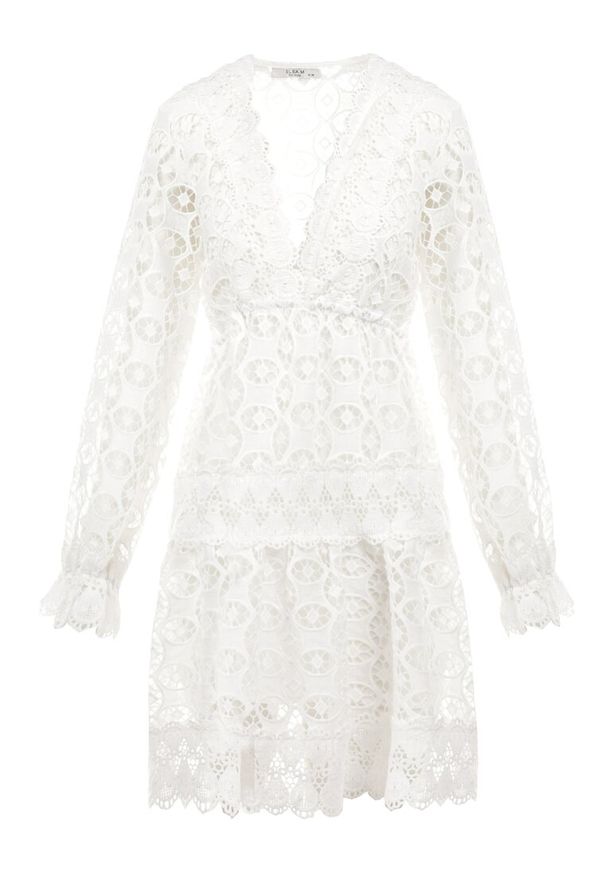 Born2be - Biała Sukienka Mellathe. Kolor: biały. Materiał: materiał, koronka. Długość rękawa: długi rękaw. Wzór: ażurowy, aplikacja. Styl: wizytowy. Długość: mini