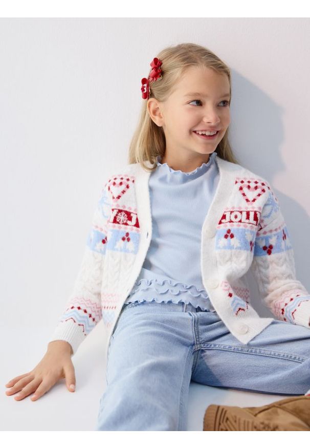 Reserved - Świąteczny kardigan - złamana biel. Materiał: dzianina. Styl: wizytowy