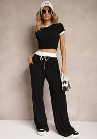 Renee - Czarny Komplet z Prążkowanego Materiału T-shirt Szerokie Spodnie z Gumką w Pasie Alandrea. Kolor: czarny. Materiał: materiał, prążkowany. Wzór: prążki #5