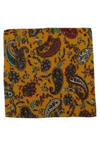 Musztardowa Męska Poszetka -EM Men's Accessories- w Paisley, Łezki. Kolor: żółty. Materiał: bawełna. Wzór: paisley