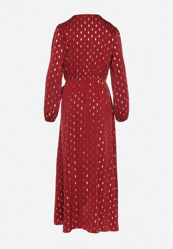 Born2be - Bordowa Kopertowa Sukienka z Wiązaniem w Pasie i Metalicznym Nadrukiem Reisana. Okazja: na co dzień. Typ kołnierza: dekolt w serek. Kolor: czerwony. Wzór: nadruk. Typ sukienki: kopertowe. Styl: casual, elegancki, klasyczny