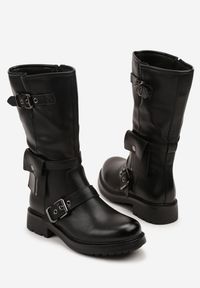 Renee - Czarne Botki Biker Boots Zdobione Klamerkami i Kieszonką Nalinnea. Okazja: na imprezę, na co dzień. Kolor: czarny. Materiał: jeans, skóra. Wzór: aplikacja. Styl: elegancki, casual, rockowy #5