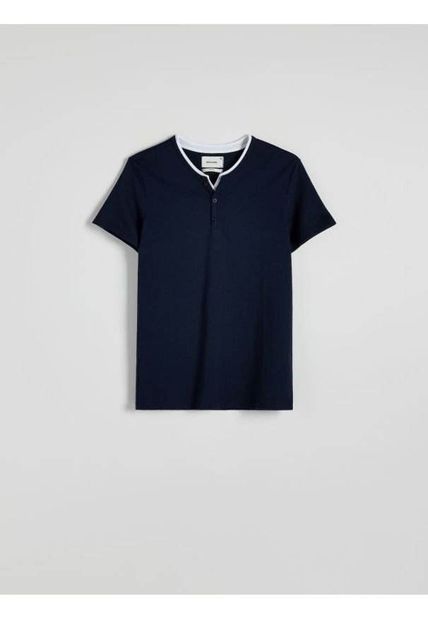 Reserved - T-shirt slim fit - granatowy. Kolor: niebieski. Materiał: bawełna, dzianina
