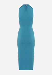 Born2be - Niebieska Sukienka z Półgolfem z Rozcięciem na Przodzie Aelwyn. Okazja: na imprezę, na co dzień. Kolor: niebieski. Materiał: skóra. Długość rękawa: krótki rękaw. Styl: casual #2