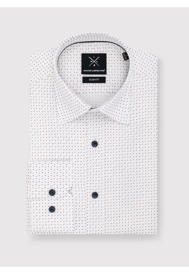 Pako Lorente - PAKO LORENTE – Biała koszula w granatowo-czerwony mikrowzór. Kolor: niebieski, czerwony, biały, wielokolorowy. Materiał: elastan, bawełna