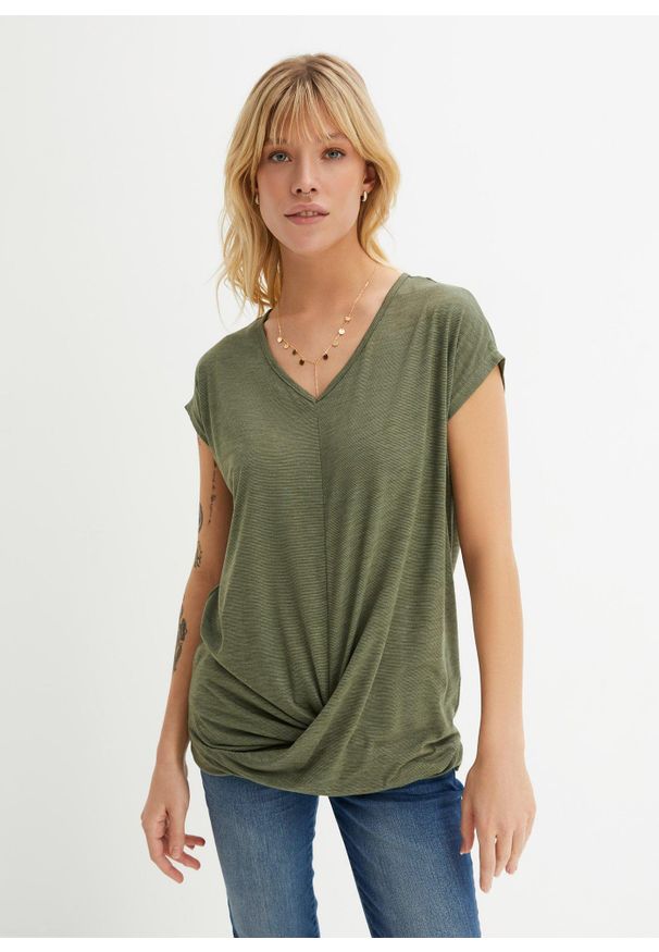 bonprix - T-shirt z mieszanki wiskozy. Typ kołnierza: dekolt w serek. Kolor: zielony. Materiał: wiskoza. Długość rękawa: krótki rękaw. Długość: krótkie. Styl: elegancki