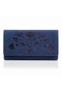 Portfel damski PAOLO PERUZZI skórzany T-05-DB granatowy. Kolor: niebieski. Materiał: skóra. Wzór: kwiaty #1