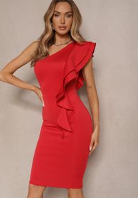 Renee - Czerwona Sukienka na Jedno Ramię z Falbaną Lenoska. Okazja: na imprezę. Kolor: czerwony. Sezon: lato. Typ sukienki: asymetryczne. Styl: klasyczny, elegancki #5
