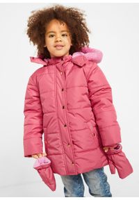 Kurtka zimowa dziewczęca z rękawiczkami bonprix pastelowy jasnoróżowy - jasnoróżowy. Kolor: różowy. Materiał: materiał, poliester, futro. Sezon: zima #5