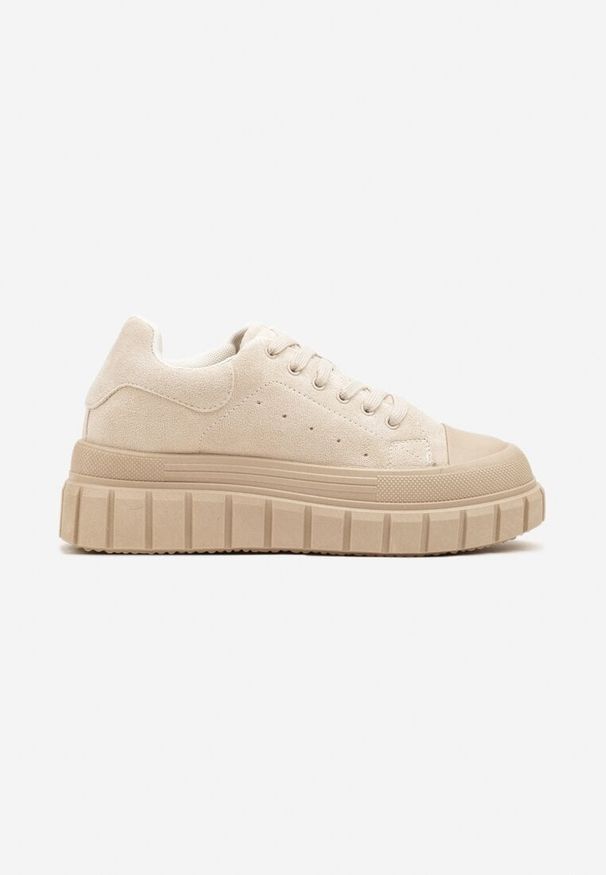 Renee - Beżowe Sneakersy Vices na Platformie z Tłoczeniem Ozdobione Perforacją Leaniael. Okazja: na co dzień. Kolor: beżowy. Materiał: jeans. Wzór: aplikacja. Obcas: na platformie