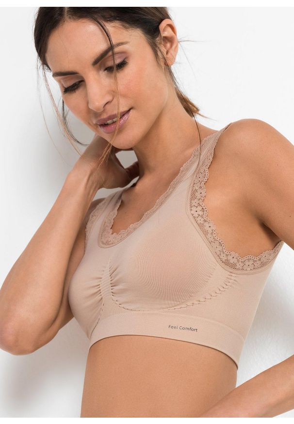 bonprix - Biustonosz bezszwowy bustier z kolekcji Feel Comfort (2 szt.). Kolor: beżowy. Materiał: materiał, koronka