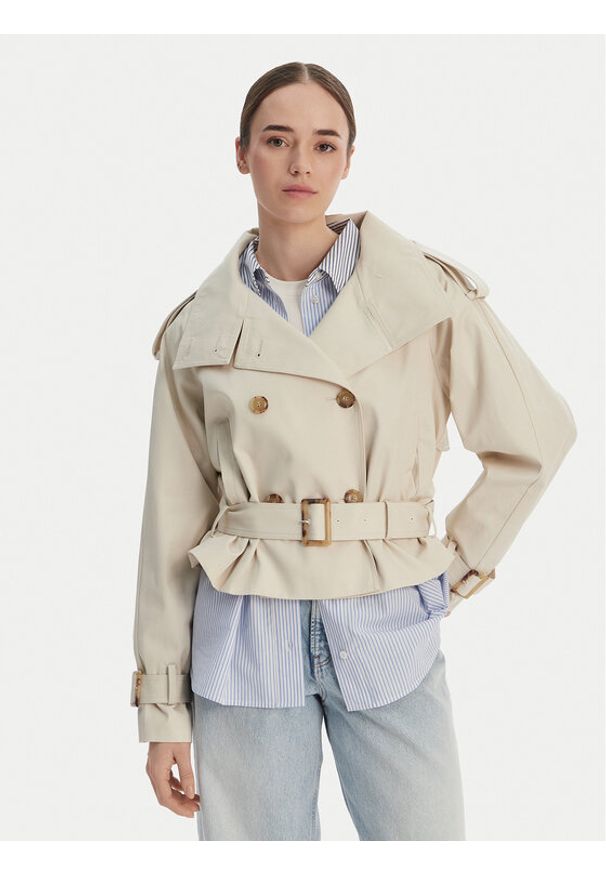 TOMMY HILFIGER - Tommy Hilfiger Trencz WW0WW50768 Beżowy Oversize. Kolor: beżowy. Materiał: bawełna