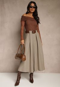 Renee - Beżowa Spódnica z Wiskozą o Rozkloszowanym Kroju z Paskiem z Klamrą Tiavela. Okazja: na co dzień. Kolor: beżowy. Materiał: wiskoza. Styl: elegancki, casual