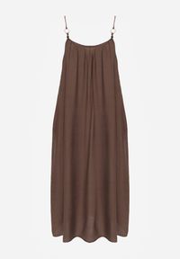 Born2be - Ciemnobrązowa Pudełkowa Sukienka Boho z Wiskozy na Ramiączkach z Ozdobnymi Koralikami Erane. Okazja: na co dzień. Kolekcja: plus size. Kolor: brązowy. Materiał: wiskoza. Długość rękawa: na ramiączkach. Typ sukienki: proste, dla puszystych. Styl: boho #6