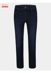 Volcano - Ciemnoniebieskie jeansy męskie z prostą nogawką D‑LEON 30. Kolor: niebieski. Wzór: aplikacja. Styl: klasyczny