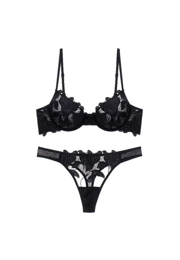 Intica - Komplet bielizny z kwiatowym haftem na specjalne okazje Flossy. Kolor: czarny. Materiał: materiał. Wzór: kwiaty, haft