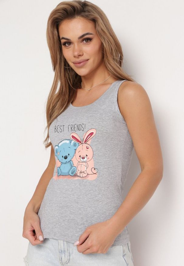 Born2be - Szary Top z Elastycznej Bawełny z Uroczym Nadrukiem z Przodu Iviolia. Okazja: na co dzień. Kolor: szary. Materiał: bawełna. Wzór: nadruk. Styl: klasyczny, casual