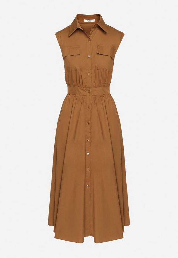 Born2be - Brązowa Bawełniana Koszulowa Sukienka z Ozdobnymi Kieszonkami Savarette. Okazja: na co dzień. Kolor: brązowy. Materiał: bawełna. Typ sukienki: koszulowe. Styl: klasyczny, casual, elegancki