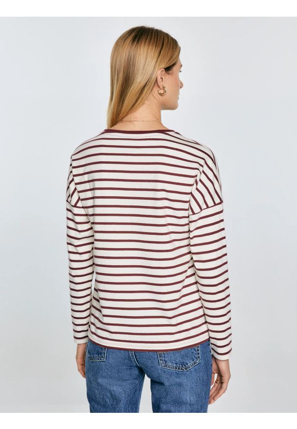 Big-Star - Bluzka damska w paski beżowo-bordowe Alerra 604. Okazja: na co dzień. Kolor: czerwony. Materiał: jeans, dzianina. Wzór: paski. Styl: casual, klasyczny