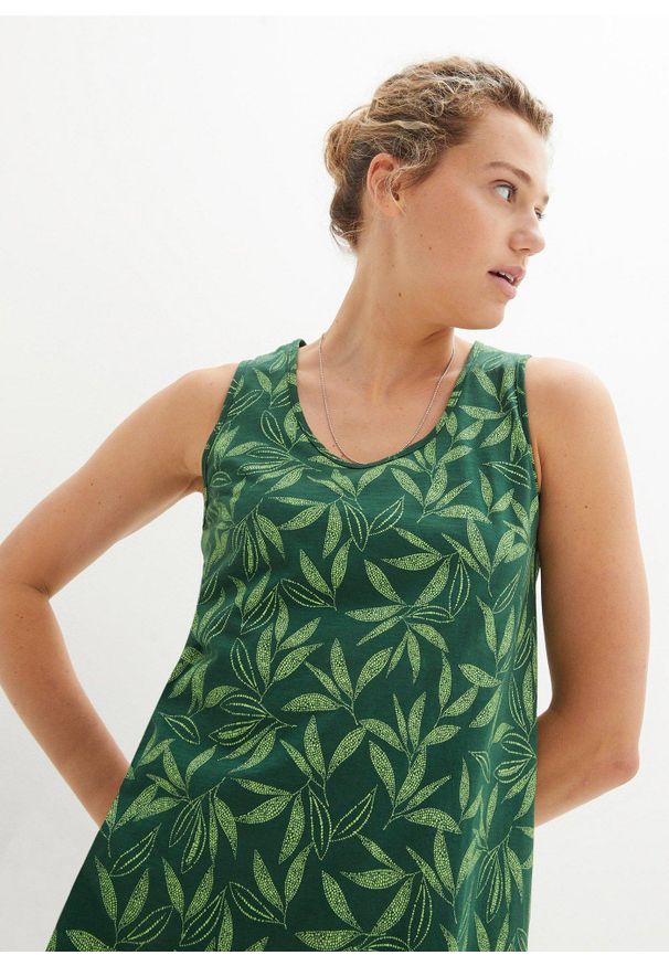 bonprix - Sukienka na szerokich ramiączkach z bawełny organicznej. Kolor: zielony. Materiał: bawełna. Długość rękawa: na ramiączkach