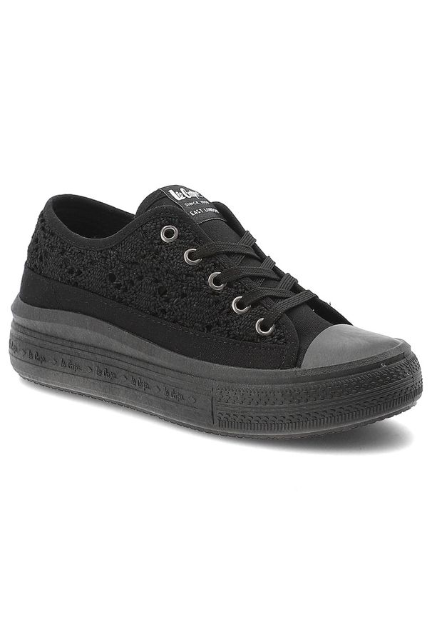 Czarne Trampki Lee Cooper Damskie Buty Na Platformie. Okazja: na co dzień. Zapięcie: sznurówki. Kolor: czarny. Szerokość cholewki: normalna. Wzór: ażurowy. Materiał: guma, jeans. Sezon: lato, wiosna. Obcas: na platformie. Styl: casual, klasyczny