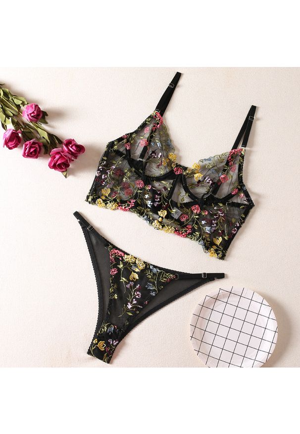 Intica - Komplet bielizny z haftem kwiatowym elegancki zestaw dla kobiet Noriane. Kolor: czarny. Materiał: tkanina, materiał, skóra. Wzór: kwiaty, haft
