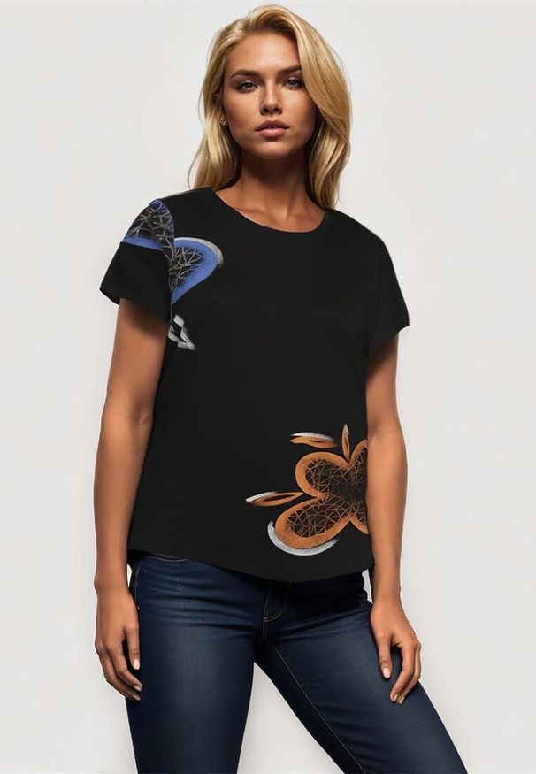 Born2be - Czarny Klasyczny T-shirt z Bawełny Ozdobiony Nadrukiem i Cyrkoniami Kristinae. Okazja: na co dzień. Kolor: czarny. Materiał: bawełna. Wzór: aplikacja, nadruk. Styl: klasyczny