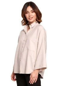MOE - Oversizowa Koszula z Szerokim Rękawem 3/4 - Beżowa. Kolor: beżowy. Materiał: len, bawełna #1