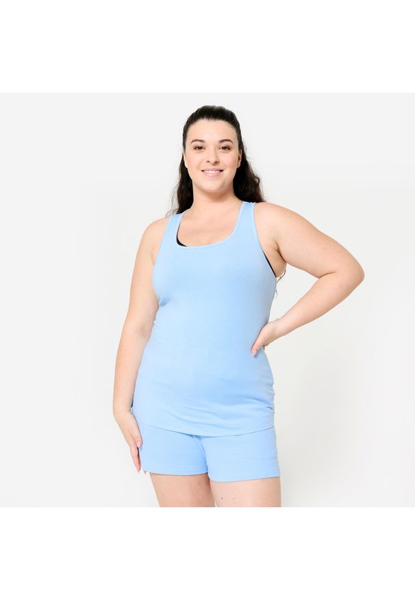 DOMYOS - Koszulka bez rękawów damska Domyos Gym & Pilates slim. Kolor: niebieski. Materiał: lyocell, elastan, materiał, bawełna. Długość rękawa: bez rękawów. Sport: joga i pilates