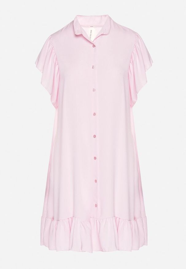 Born2be - Różowa Sukienka Koszulowa z Guzikami i Falbankami Tenalena. Okazja: na co dzień. Typ kołnierza: kołnierz z falbankami. Kolor: różowy. Typ sukienki: koszulowe. Styl: elegancki, casual, sportowy