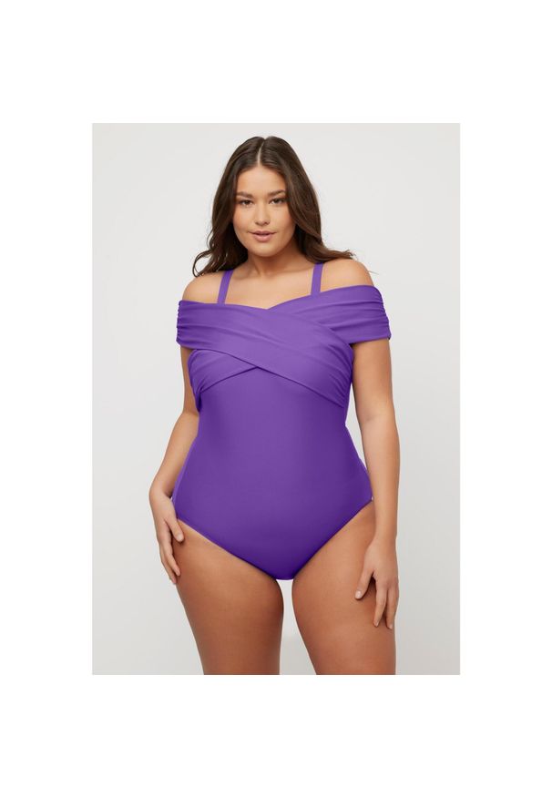 ULLA POPKEN - Kostium kąpielowy, dekolt a la Carmen, usztywniane miseczki, odpinane ramiączka. Kolekcja: plus size. Kolor: fioletowy. Materiał: materiał, poliester, elastan, poliamid