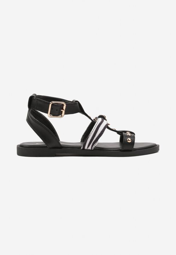 Renee - Czarne Sandały Typu Gladiatorki z Ozdobnymi Nitami Borritis. Okazja: na co dzień. Zapięcie: klamry. Kolor: czarny. Materiał: jeans. Wzór: aplikacja. Styl: elegancki, casual, klasyczny