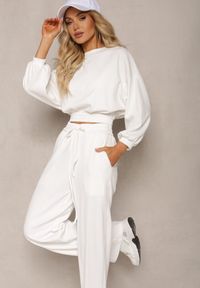 Renee - Biały Bawełniany Komplet Bluza Krótka ze Ściągaczem i Szerokie Spodnie ze Sznurkiem w Pasie Rionnea. Kolor: biały. Materiał: bawełna #5