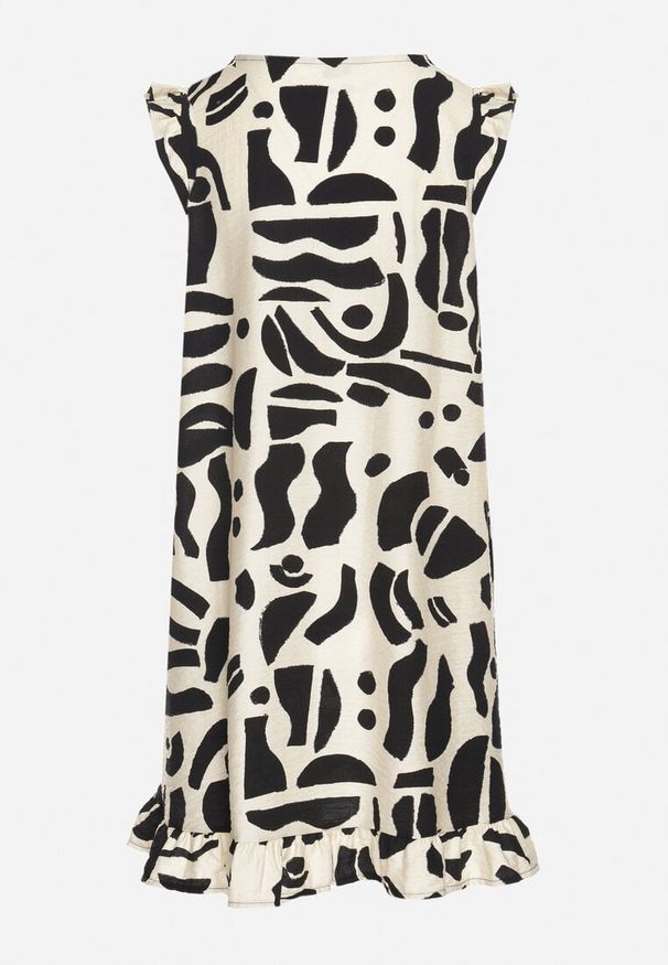 Born2be - Czarna Sukienka o Rozkloszowanym Kroju z Dekoltem w Serek w Abstrakcyjny Wzór Mevondra. Okazja: na co dzień. Typ kołnierza: dekolt w serek. Kolor: czarny. Materiał: jeans, skóra. Długość rękawa: bez rękawów. Styl: casual, elegancki