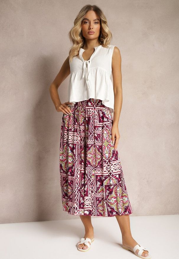 Renee - Fioletowe Spodnie Kuloty z Bawełny High Waist z Gumką w Pasie Palovia. Stan: podwyższony. Kolor: fioletowy. Materiał: bawełna. Sezon: lato