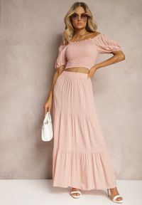 Renee - Różowy Wiskozowy Komplet Rozkloszowana Spódnica i Bluzka Hiszpanka Veonica. Kolor: różowy. Materiał: wiskoza #3