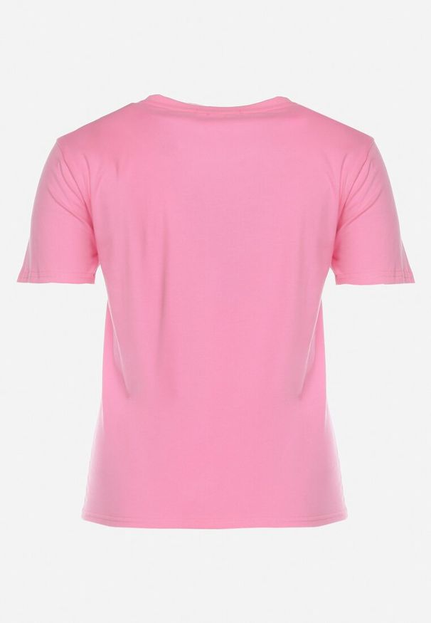 Born2be - Różowy Bawełniany T-shirt Koszulka z Krótkim Rękawem z Nadrukiem i Cyrkoniami Qumara. Kolor: różowy. Materiał: bawełna. Długość rękawa: krótki rękaw. Długość: krótkie. Wzór: nadruk. Styl: klasyczny