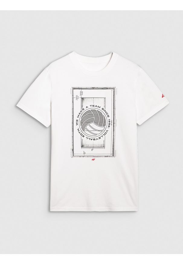 4f - 4F T-shirt regular z nadrukiem męski - biały M. Okazja: na co dzień. Kolor: biały. Materiał: bawełna, jersey, materiał. Długość rękawa: krótki rękaw. Długość: krótkie. Wzór: nadruk. Styl: sportowy, klasyczny, casual