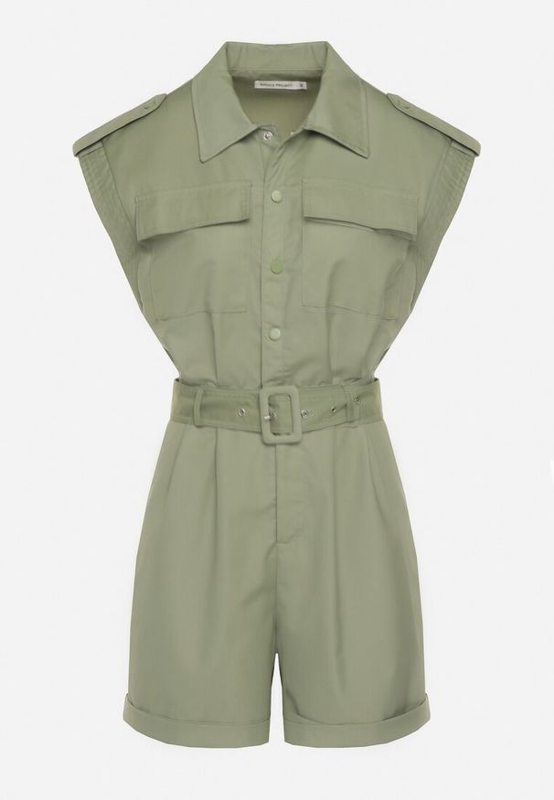 Born2be - Ciemnobeżowy Kombinezon bez Rękawów Zapinany na Guziki z Materiałowym Paskiem Tiamarlia. Okazja: na co dzień. Kolor: beżowy. Materiał: materiał. Długość rękawa: bez rękawów. Styl: casual, klasyczny