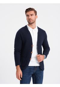 Ombre Clothing - Męski sweter strukturalny kardigan z kieszeniami - granatowy V3 OM-SWCD-0109 - XXL. Kolor: niebieski. Materiał: bawełna #7