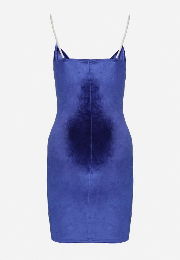 Born2be - Niebieska Dopasowana Sukienka Welurowa z Kopertowym Dekoltem Evicco. Typ kołnierza: dekolt kopertowy. Kolor: niebieski. Materiał: welur. Wzór: aplikacja. Typ sukienki: kopertowe. Styl: elegancki