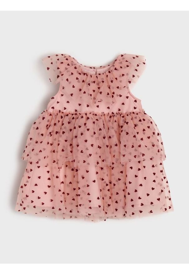 Sinsay - Tiulowa sukienka babydoll ze wzorem - różowy. Kolor: różowy. Materiał: tiul